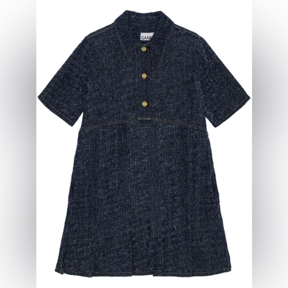 Ganni Blue Tweed Denim Short Sleeve Dress SZ 6